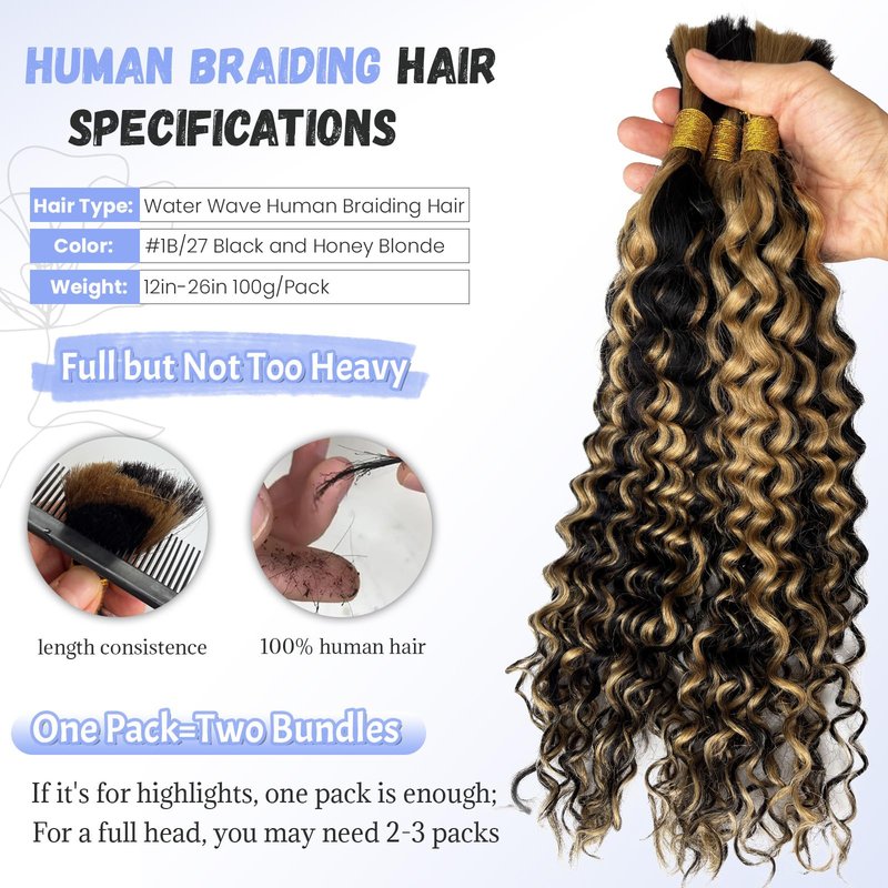Blonde Human Braiding Hair 18 Inch Deep Water Wave Boho Human Hair for Braiding Color #24 Light Blonde Bundles 100% Burmese Human Hair for Boho Braids Two Bundles 100G Weft and Wavy Curly Bulk Hair