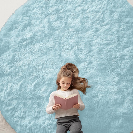 OLANLY Round Light Blue Area Rug - Soft, Fluffy, Machine Washable 9 ft Circle Carpet for Bedroom & Nursery Decor