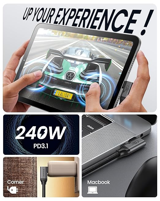 Silkland USB C Monitor Cable Right Angle 5FT, 8K@30Hz 5K/4K@60Hz Display, 20Gbps Data Transfer, 90 Degree USB C 3.2 Gen 2x2 Video Cable, 240W Charging for iPhone 17, MacBook, Portable Monitor, Carplay