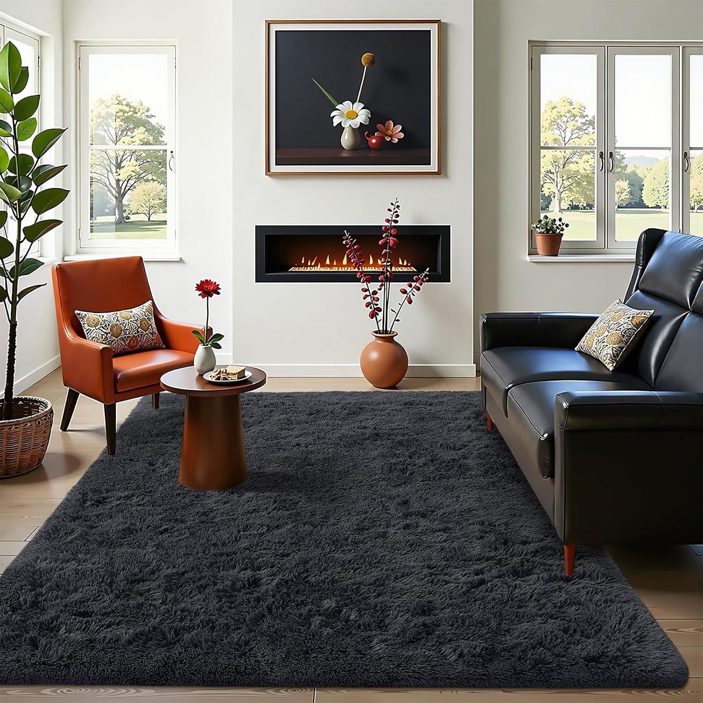 OLANLY Area Rug - Soft Fluffy Shaggy Design | Machine Washable 4x5.9 ft for Living Room & Bedroom - Black