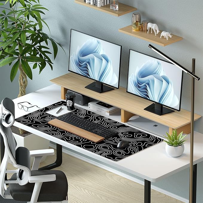 Black and White Topographic Desk Mat, Large Gaming Mouse Pad 31.5x15.7