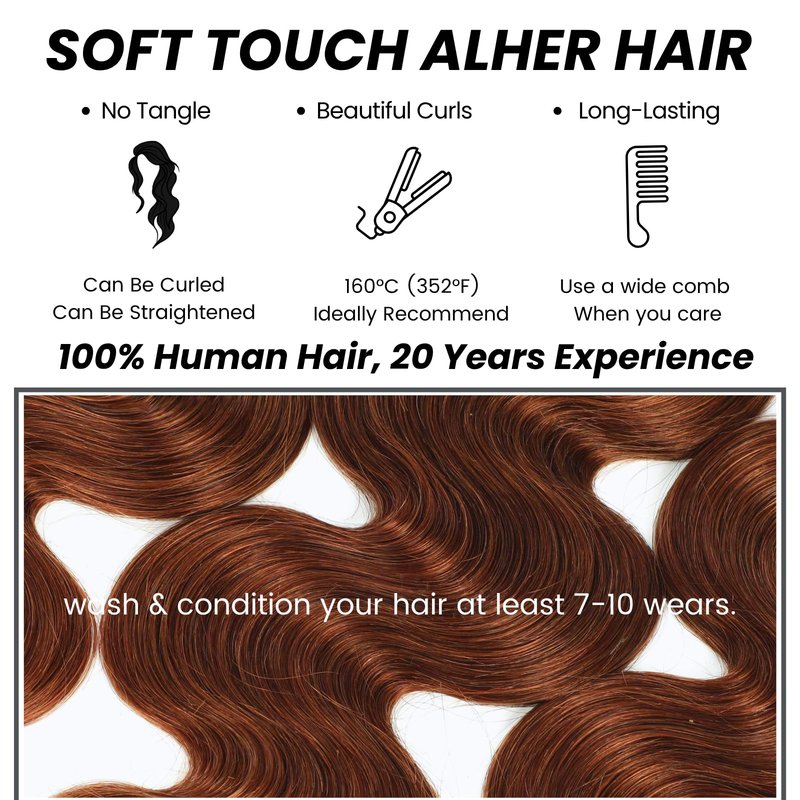 ALHER 33 Reddish Brown Body Wave Long Deep Part 2x6 Lace Closure, Copper Brown Colored 2x6 Kim K Closure Pre Plucked with Baby Hair, 12A 100% Brazilian Virgin Remy Human Hair for Black Women 14 Inch
