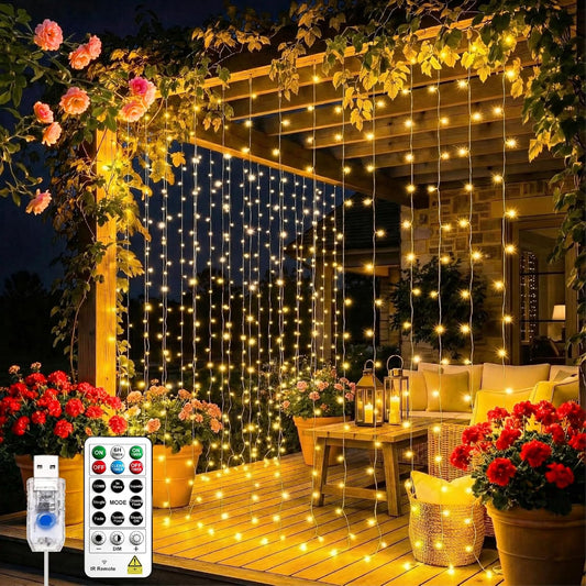 Skiennix Curtain Light - 200 LED Warm White Fairy String Lights | 6.6x6.6ft, 8 Modes for Home Decor
