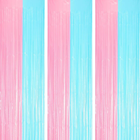 Voircoloria Foil Fringe Backdrop Curtains - 3 Pack of Pastel Blue & Pink Tinsel Streamers | Perfect for Gender Reveal, Baby Showers, and Birthday Parties