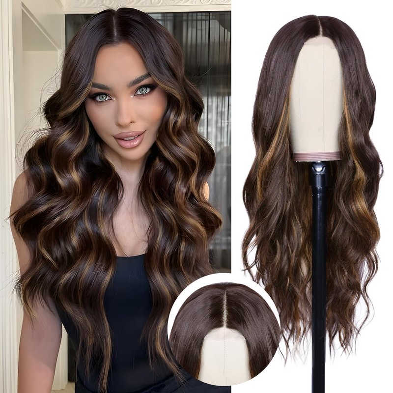 NAYOO Long Dark Brown Mixed Chestnut Wavy Wig for Women 26 Inch Middle Part Lace Hairline Curly Wavy Wig Natural Looking Synthetic Heat Resistant Fiber Wig for Daily Party Use