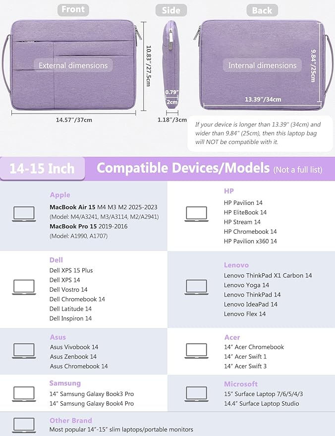 HYZUO 14-15 Inch Laptop Sleeve Bag for MacBook Air 15 M5 A3448 M4 M3 M2 2026-2023, MacBook Pro 15, 15" Surface Laptop, XPS 14/15 Plus, NoteBook Case for 14" HP Dell Lenovo Asus Acer, Lilac Purple