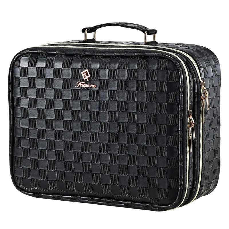 Makeup Bag with LED Lighted Mirror 12.2 IN Cosmetic Train Case Double Layer Makeup Case Adjustable Brightness in 3 Colors Cosmetic Organizer Artist Storage with Brush Holder Vanity Black Checkerboard