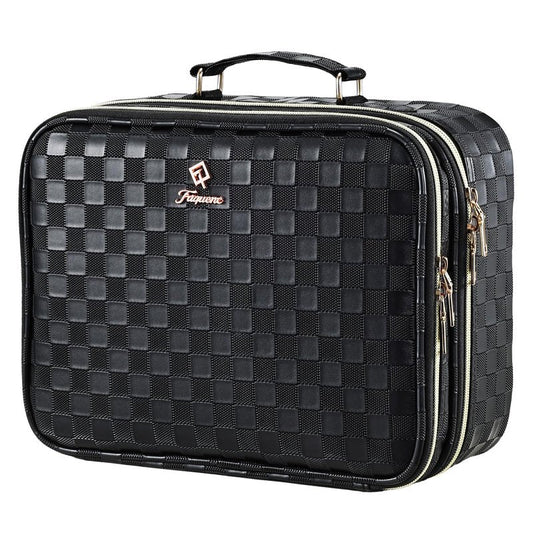 Makeup Bag with LED Lighted Mirror 12.2 IN Cosmetic Train Case Double Layer Makeup Case Adjustable Brightness in 3 Colors Cosmetic Organizer Artist Storage with Brush Holder Vanity Black Checkerboard