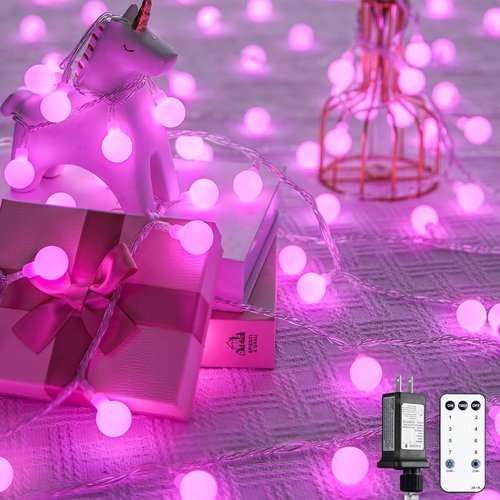 JMEXSUSS 100 LED Pink String Lights - 33 ft Connectable Globe Fairy Lights with Remote for Bedroom Decor