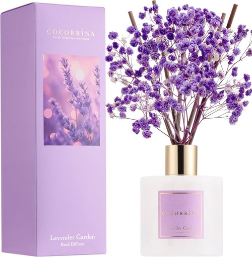 Cocorrína Reed Diffuser - Lavender Garden 6.7 Fl. Oz Set with Sticks & Preserved Baby's Breath | Home Decor