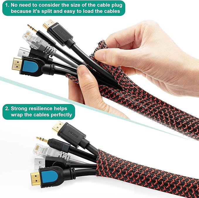ZhiYo Cable Sleeve, 6.6ft - 4/5 inch, Black - Red