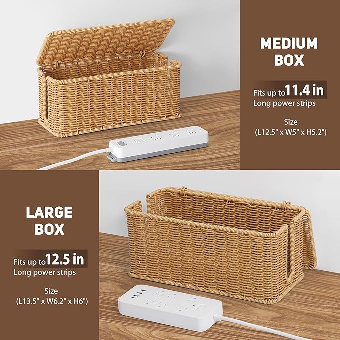 ZhiYo Rattan Cable Management Box, Brown Cord Organizer, 13.5" x 6.2" x 6"