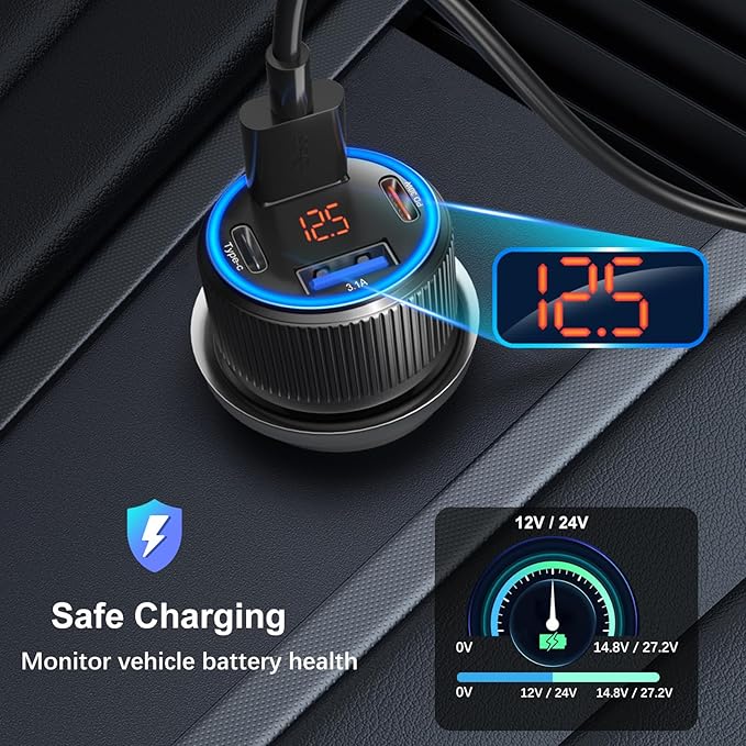 USB C Car Charger, 3 Pack 65W Dual 12V Car Power Adapter with Voltmeter QC+PD 3.0 Multi Port Fast Charging Cigarette Lighter USB Charger for iPhone 17 16 15 14 13 12 Pad Pro Max, Android(Black Gray)