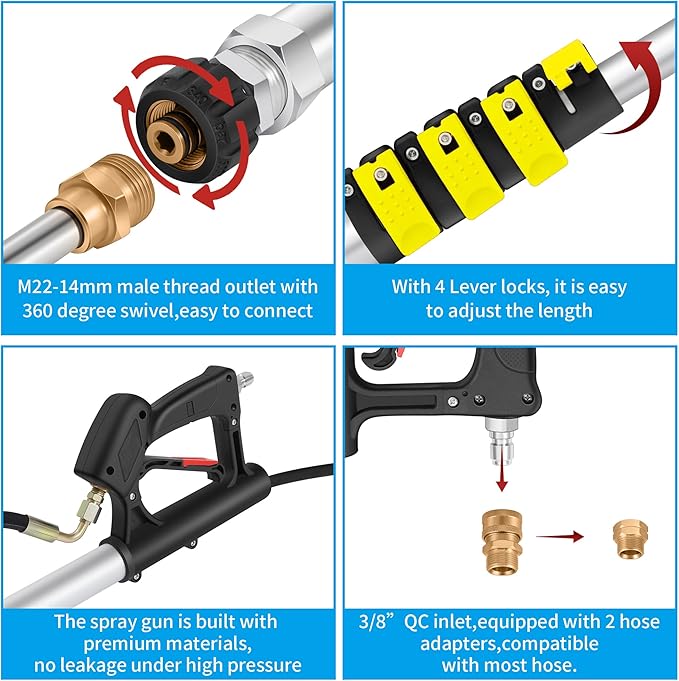 24 FT Telescoping Pressure Washer Wand Extension, Hot Water Supported Power Washer Extension Wand with Turbo Nozzle, 5 Nozzle Tips, 2 Adapters, Harness, Gutter Cleaning Tools from The Ground