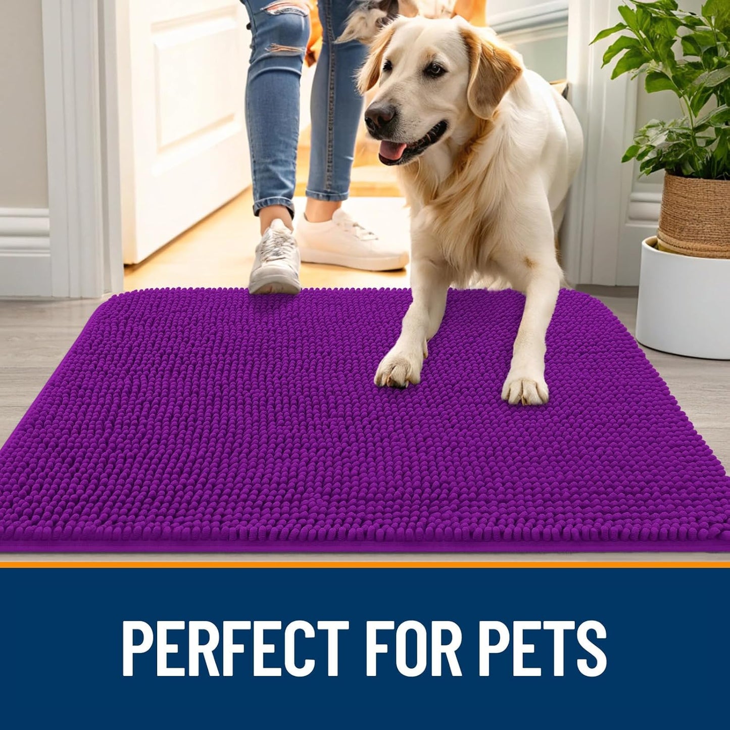 OLANLY Dog Door Mat - Absorbent Non-Slip Chenille Mat for Muddy Paws | 59x35 Inches, Purple