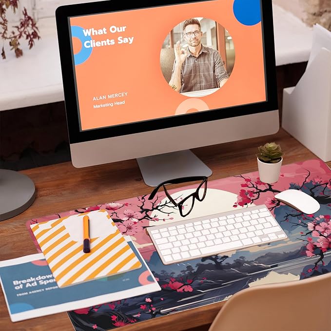 Eflxamz Desk Pad,Pink Cherry Blossom Tree Desk Mat,Mountains and Sun Large Gaming Mouse Pad for Desk,Extended Big Computer Keyboard Mouse Pad with Non-Slip Base and Stitched Edge,35.4"x15.7"
