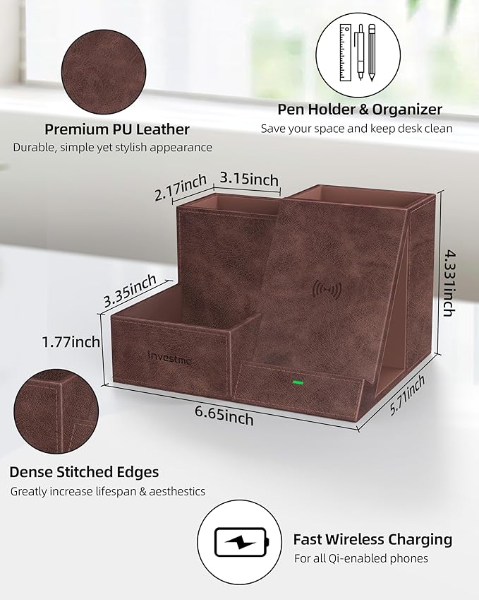 Investme Wireless Charger with Desk Organizer, Pen Pencil Holder, Multifunctional Desktop Organizer, Office Supplies and Desk Accessories Organizer with 3 Compartments and 1 Phone Stand, Dark Brown