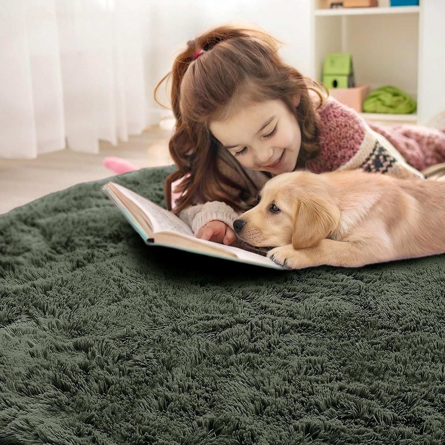 OLANLY Olive Green Round Rug - Soft, Fluffy Shaggy Carpet | 9 ft Machine Washable Area Rug for Bedroom, Living Room, Nursery Decor