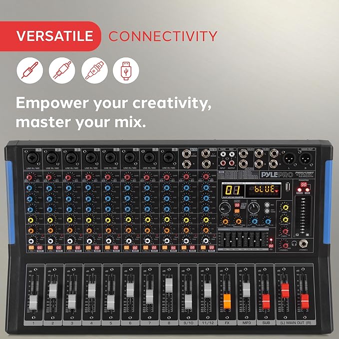 Pyle 12-Channel Console Style Audio Mixer with Bluetooth - DJ Sound Controller, 8 XLR / Combo Inputs, Sub Out, +48V Phantom, USB-A In, 16 DSP Effects, MP3 Player, 7-Band EQ - PMXU128BT