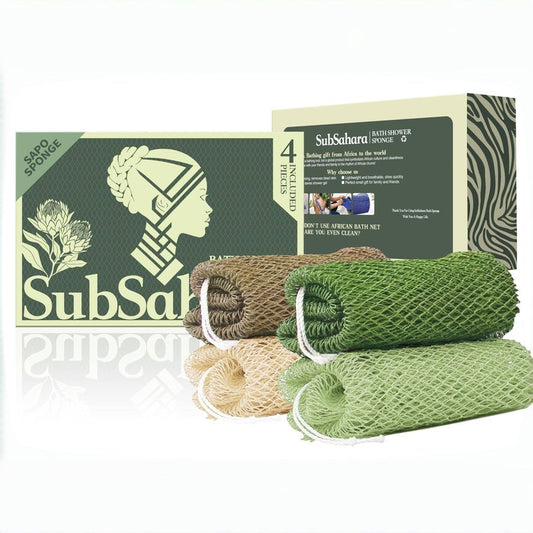 SubSahara Authentic African Net Sponge - 4 Pack Exfoliating Bath & Shower Loofah Sponge for Body & Face, Gentle Scrubber for All Skin Types, Travel, Durable