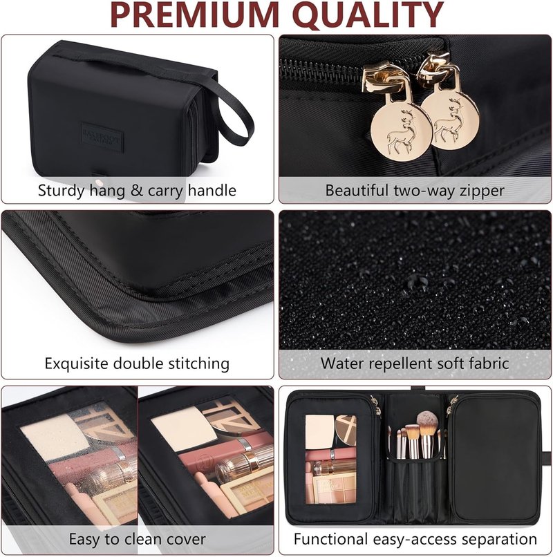 Travel Makeup Bag - Compact Portable Organizer for Cosmetics & Brushes | Large Capacity - Black