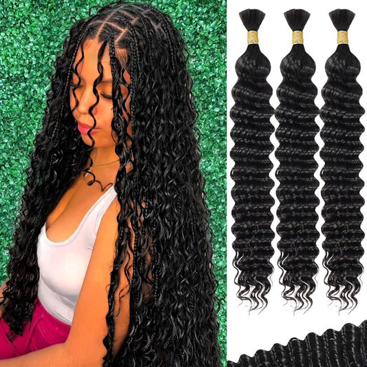 Human Braiding Hair - Deep Wave Bulk 3 Bundles 14 Inch Brazilian Virgin Curly Extensions | Perfect for Boho Braids