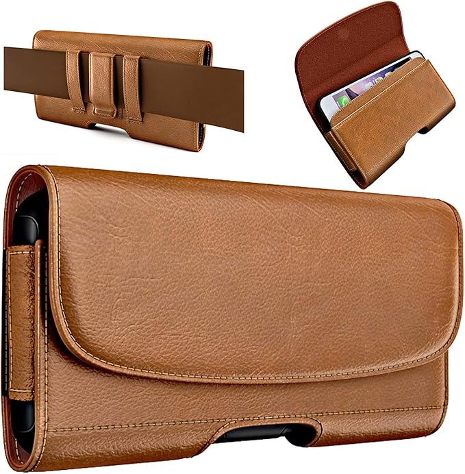 BOMEA Holster for iPhone 16 16e Pro 15 14 13 12 11 10 XR Xs X, Samsung Galaxy S25 S24 S23 5G - Cell Phone Belt Holder Case with Clip - ID Card Magnetic Pouch - Brown