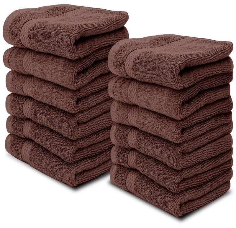 White Classic Luxury Cotton Washcloths 13x13 Inch - 650 GSM Turkish Cotton | Hotel, Spa, Bathroom Face Towel | 12 Pack, Brown