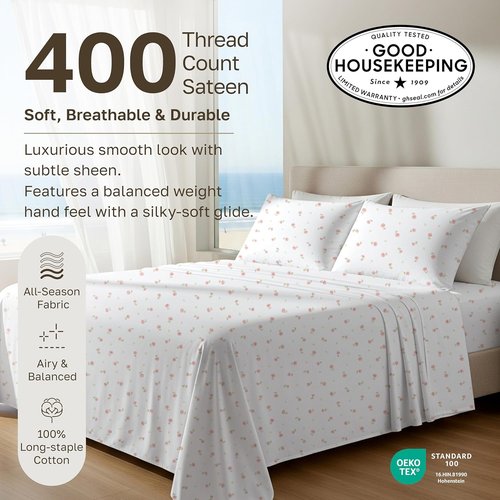 California Design Den Full Size Bed Sheets Set - 100% Cotton, 400 Thread Count, Smooth Sateen Finish, Deep Pockets, Floral Design
