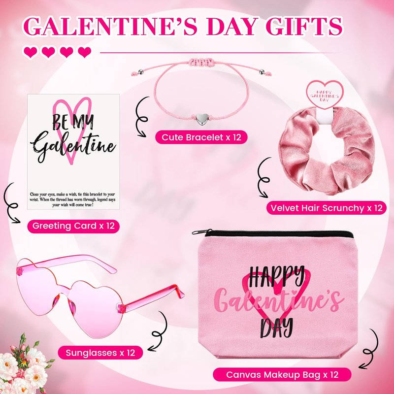 Landical 12 Set Galentine's Day Gift Set Include Makeup Bags Greeting Cards Velvet Hair Scrunchies Bracelets Sunglasses Gifts for Women