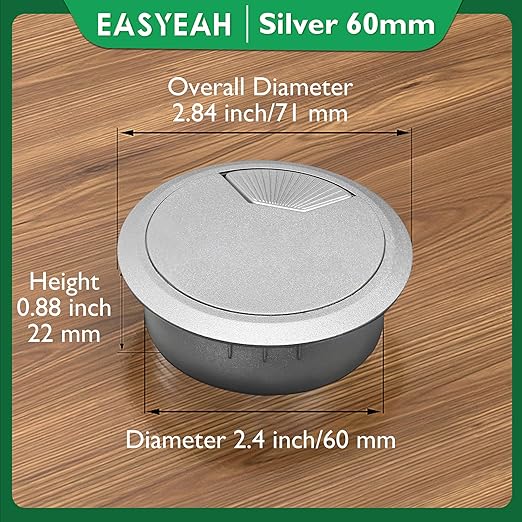 EASYEAH 5 Pcs Desk Grommet 2-3/8" / 60 mm, Desk Cord Hole Cover, Cable Grommet ABS Plastic, Desk Hole Grommet for Home & Office Pc, Detachable Adjustable Cable Cord Organizer-Silvery