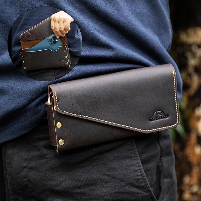Topstache Leather Cell Phone Belt Holder for Galaxy S25/S24, iPhone 17/17 Pro - Belt Clip Leather Phone Holster - Fit with Protective Case - ID/Credit Card Holder Clip Pouch, L,Darkbrown