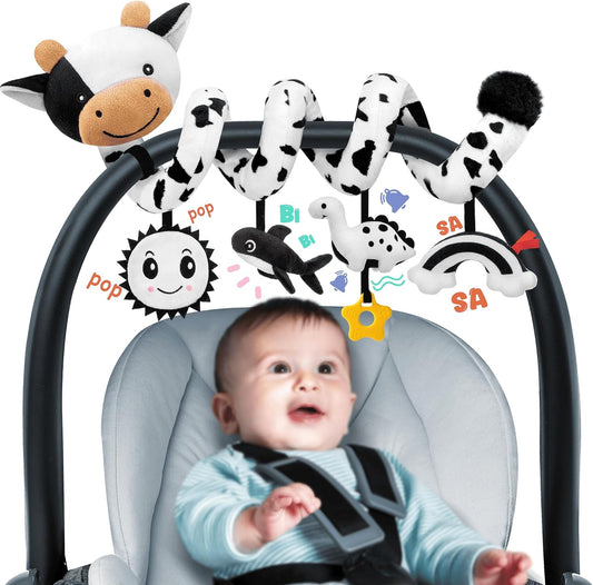 Skiennix Spiral Car Seat Baby Toy - High Contrast Sensory Hanging Stroller Accessory | Black & White Cow for Infants 0-6 Months