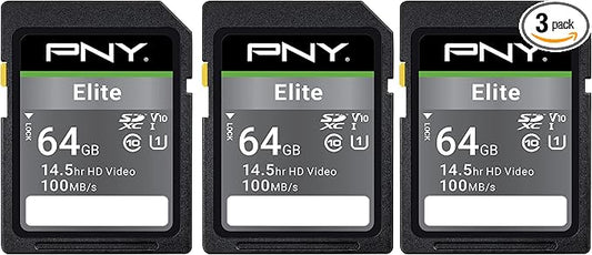 PNY 64GB Elite Class 10 U1 V10 SDXC Flash Memory Card - 100MB/s Read, Class 10, U1, V10, Full HD, UHS-I, Full Size SD (P-SD64GX3U1100EL-MP) (Pack of 3)