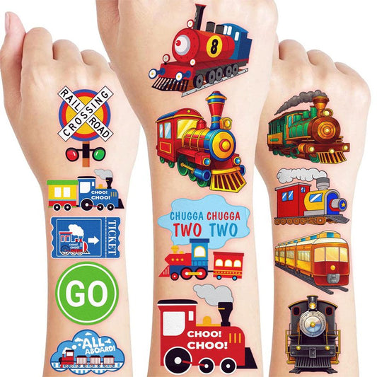 Train Temporary Tattoos for Kids - 8 Sheets 96 PCS Cute Railway Crossing Stickers, Birthday Party Favors, Supplies & Decorations for Boys and Girls