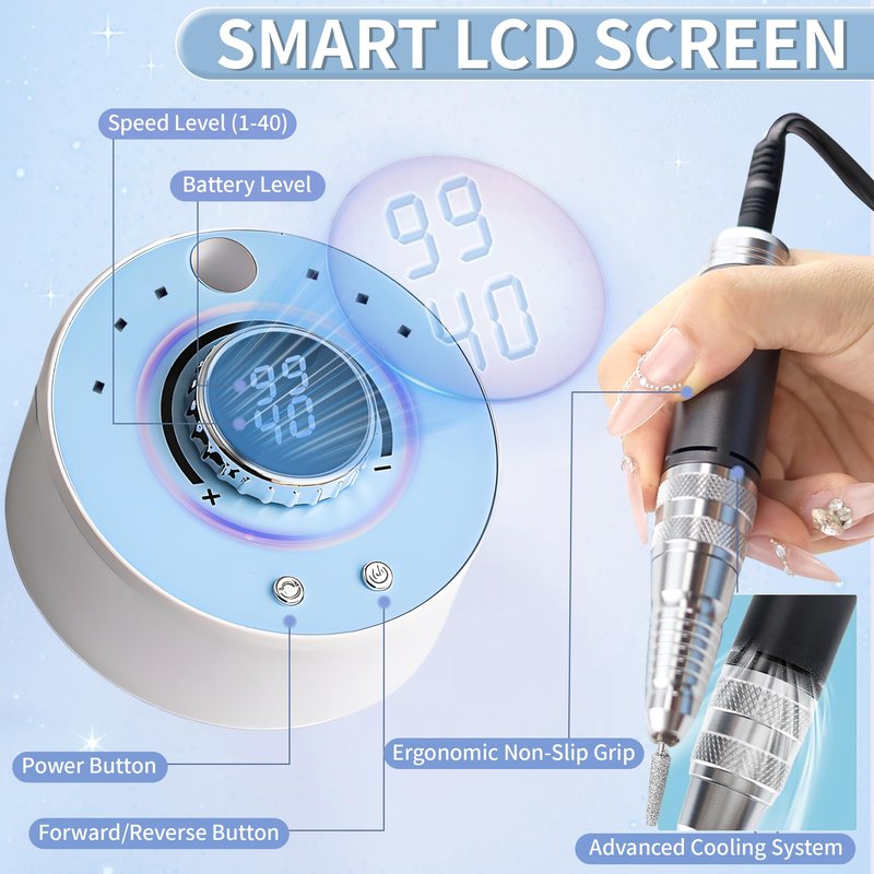 Electric Nail Drill Kit Professional 40000 RPM Nail Grinder, Rechargeable Ultra Power with 12 Pro Salon-Grade Bits for Acrylic Nails Remove, for Salon & Home