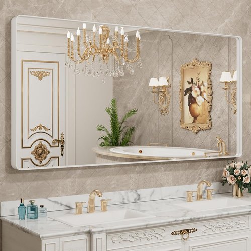 LOAAO Large Rounded Rectangle Bathroom Mirror - 72x36 Inch White Metal Frame, Anti-Rust Tempered Glass | Versatile Horizontal/Vertical Hanging