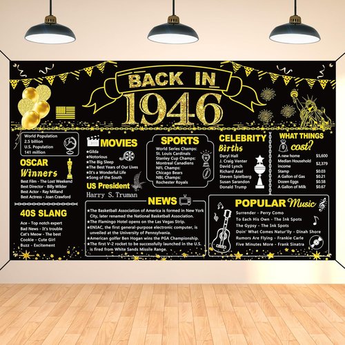 DARUNAXY 80th Birthday Decorations - Vintage 1946 Banner & Backdrop for Men & Women | Black & Gold Theme