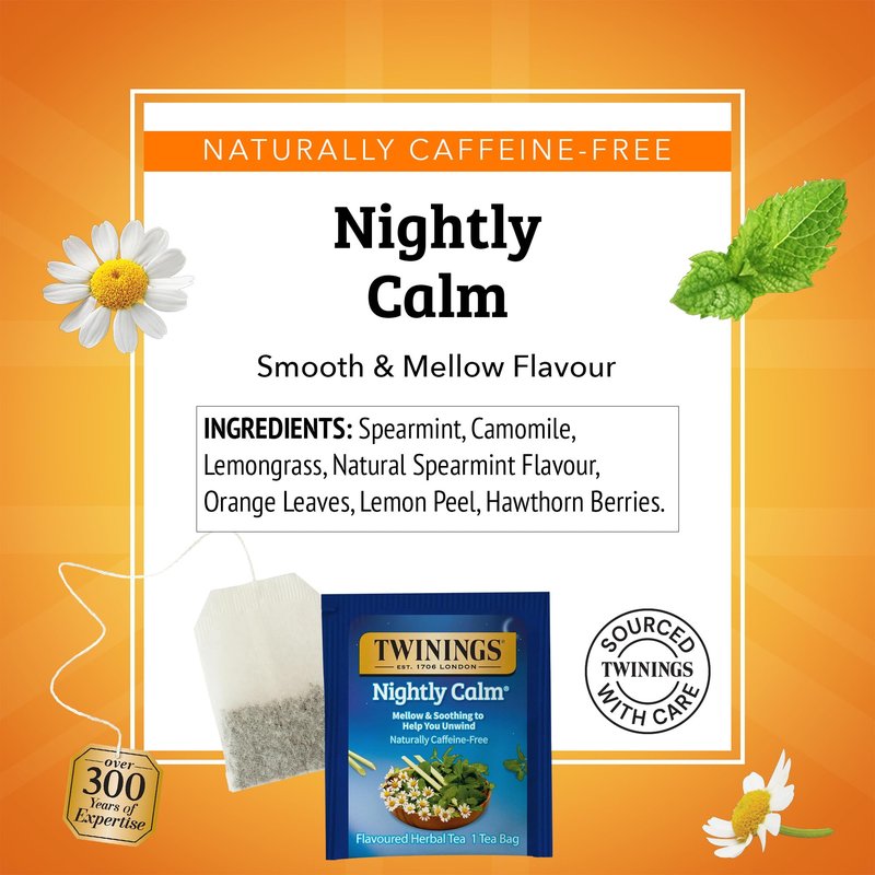 Twinings Nightly Calm Herbal Tea Individually Wrapped Bags, 20 Count (Pack of 1), Spearmint & Lemongrass, Naturally Caffeine-Free, Enjoy Hot or Iced, 20 Teabags