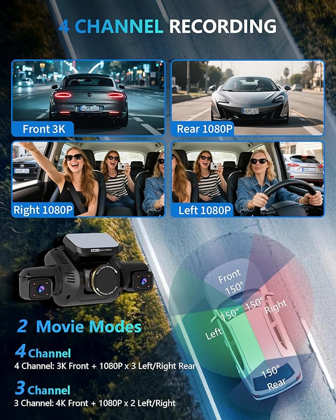 HUPEJOS AI Dash Cam Front Rear Inside with Driver Monitor System, 360° Car Camera 4K, 4 Channel Camera for Cars, WiFi GPS, Dashcam 64GB SD Card, Night Vision, 24H Parking Mode, Upgrade DMS V8Plus