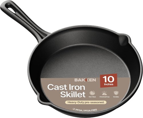 Bakken 10" Cast Iron Skillet - Pre-Seasoned Frying Pan with Even Heat Retention | Versatile for Stove, Oven & Grill