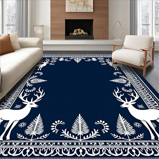 Flatwoven High Traffic Area Rug 8x10, Enchanted Forest December Shower Curtain Full Restroom Kit, Non Slip, Stain Resistant, Washable Area Rugs for Living Room, Bedroom (Blue, 8x10)