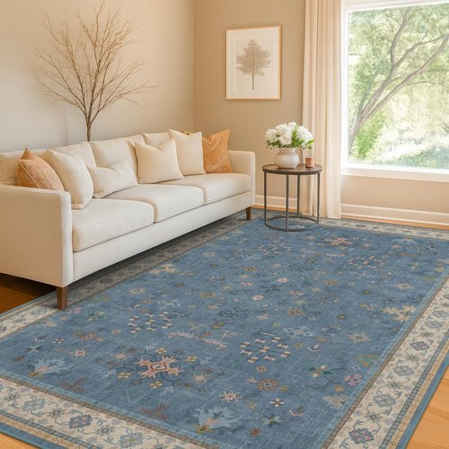 Boho 7x9 Living Room Rug - Modern Dark Blue Lightweight Washable Carpet for Dining & Bedroom Décor