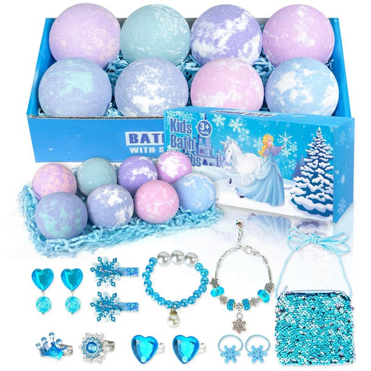 Bath Bombs for Kids with Surprise Inside, 8 Pack Bath Bombs with Frozen Toys, Princess Jewelry & Cross-Body Bag, Natural Fizzy Bubble Bath Balls with Jewelry Set, Christmas Birthday Gift for Girls
