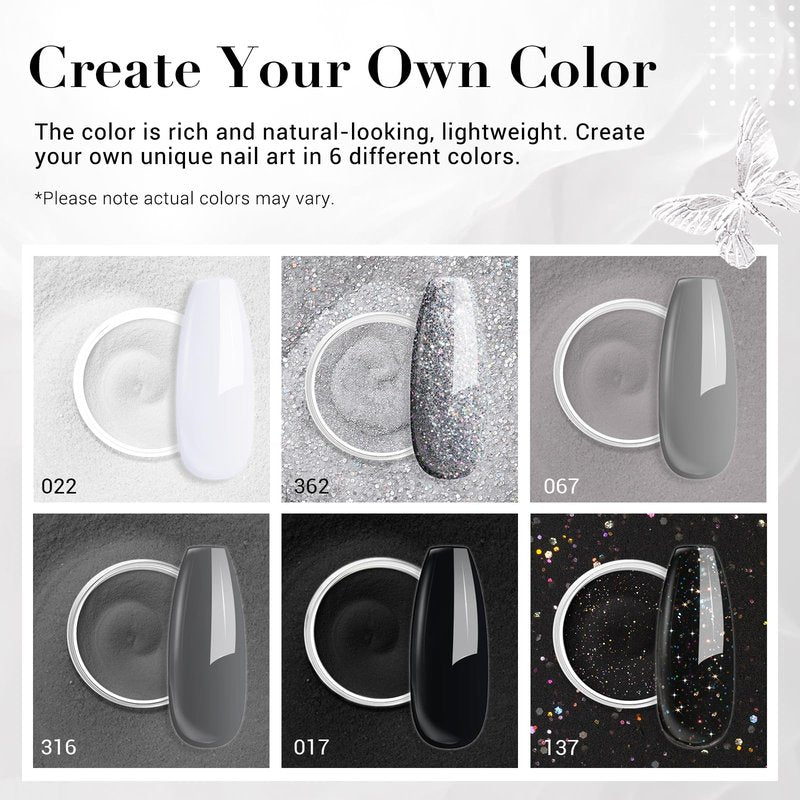 AZUREBEAUTY Dip Powder Nail Basic Set White Black Silver Grey Pure Sparkle 6 Colors All Seasons Dipping Powder Starter Kit French Nail Art Manicure DIY Salon for Women, No Need Nail Lamp Cured