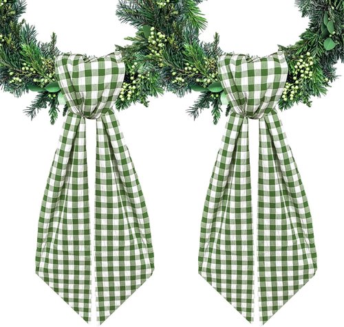2pcs Green Buffalo Plaid Wreath Sash for Front Door Seersucker Wreath Satin Sash Burlap Garland Ribbon Accessories for Wreath Yard Doorway Indoor Outdoor Bridal Shower Home Decor,5.1 x 54.3