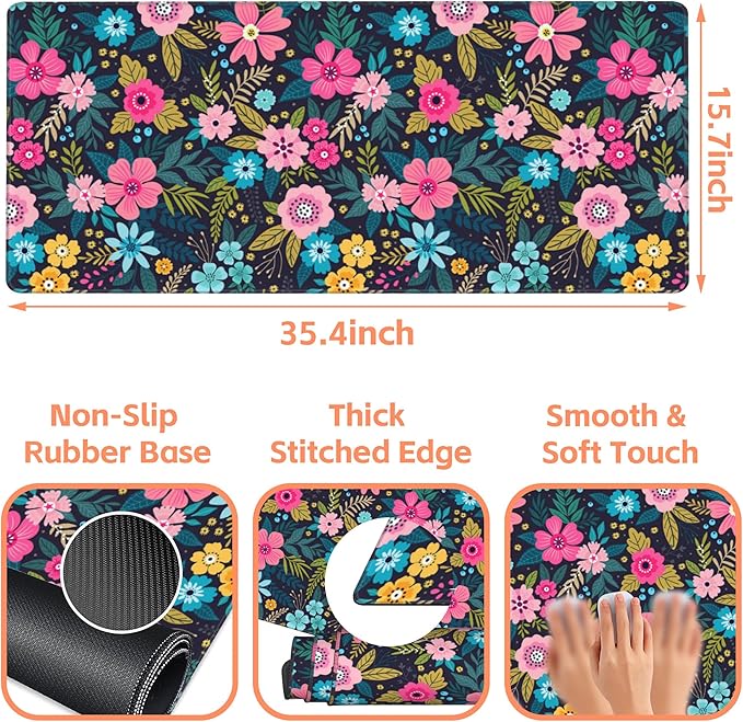 NIYLYNSYN Mouse Pad Large Bright Colorful Flowers Non-Slip Game Desk Mat with Stitched Edge Laptop Keyboard Desk Pad for Work Home Gaming (35.4 x 15.7 Inches)