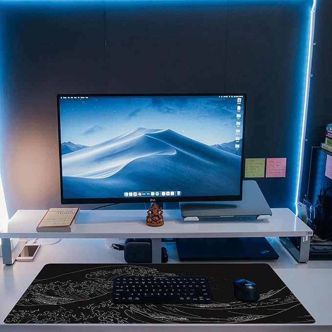 Eflxamz Desk Mat, Black Japanese Sea Wave Desk Pad, Extended Big Computer Keyboard Mouse Pad with Non-Slip Base and Stitched Edge, 35.4"x15.7"