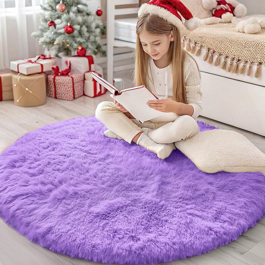 OLANLY Purple Round Area Rug - Soft, Fluffy, Machine Washable 4 ft Circle Rug for Bedroom & Living Room Decor