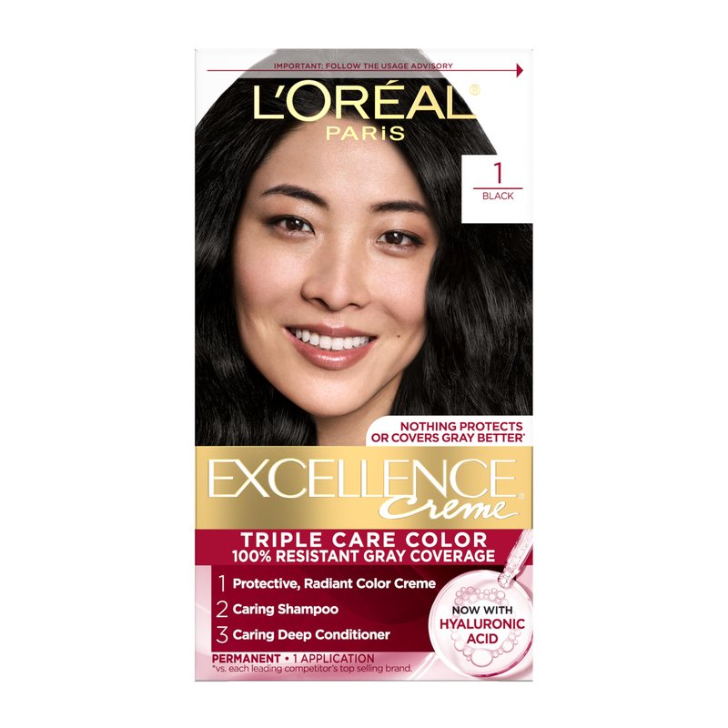 L'Oreal Paris Excellence CrÃ¨me Permanent Hair Dye, Triple Care Hair Color with Hyaluronic Acid for 100% Gray Coverage, 1 Black, 1 Kit (Packaging May Vary)